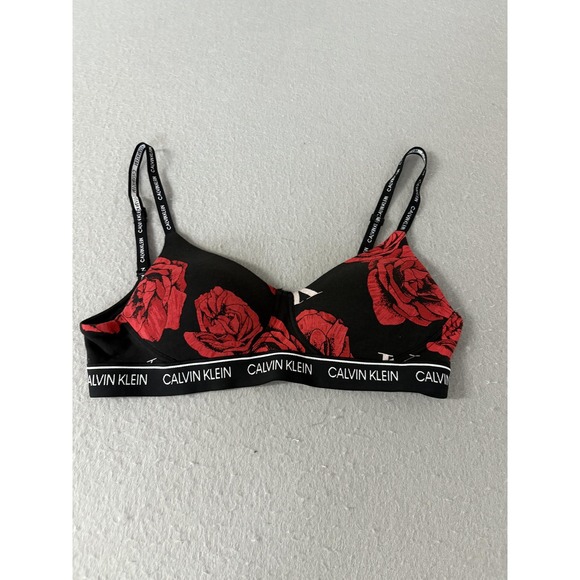 Calvin Klein Bra Womens Small Black Red Rose Print Wireless Logo Bralette Floral - Picture 1 of 5